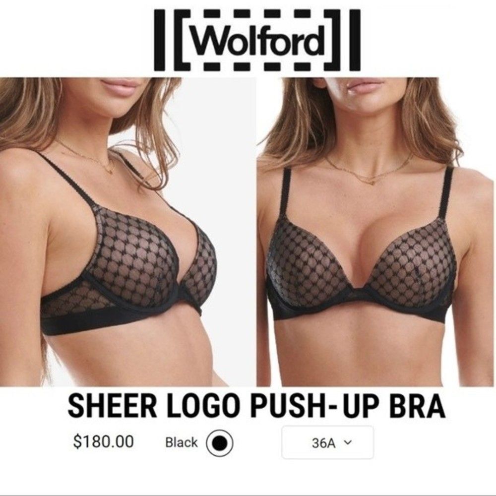 NWT ** Wolford SHEER LOGO PUSH-UP BRA Black Lace 36E